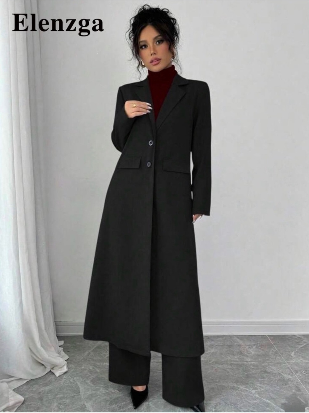 SHEIN Black Long Single-Breasted Trench Coat